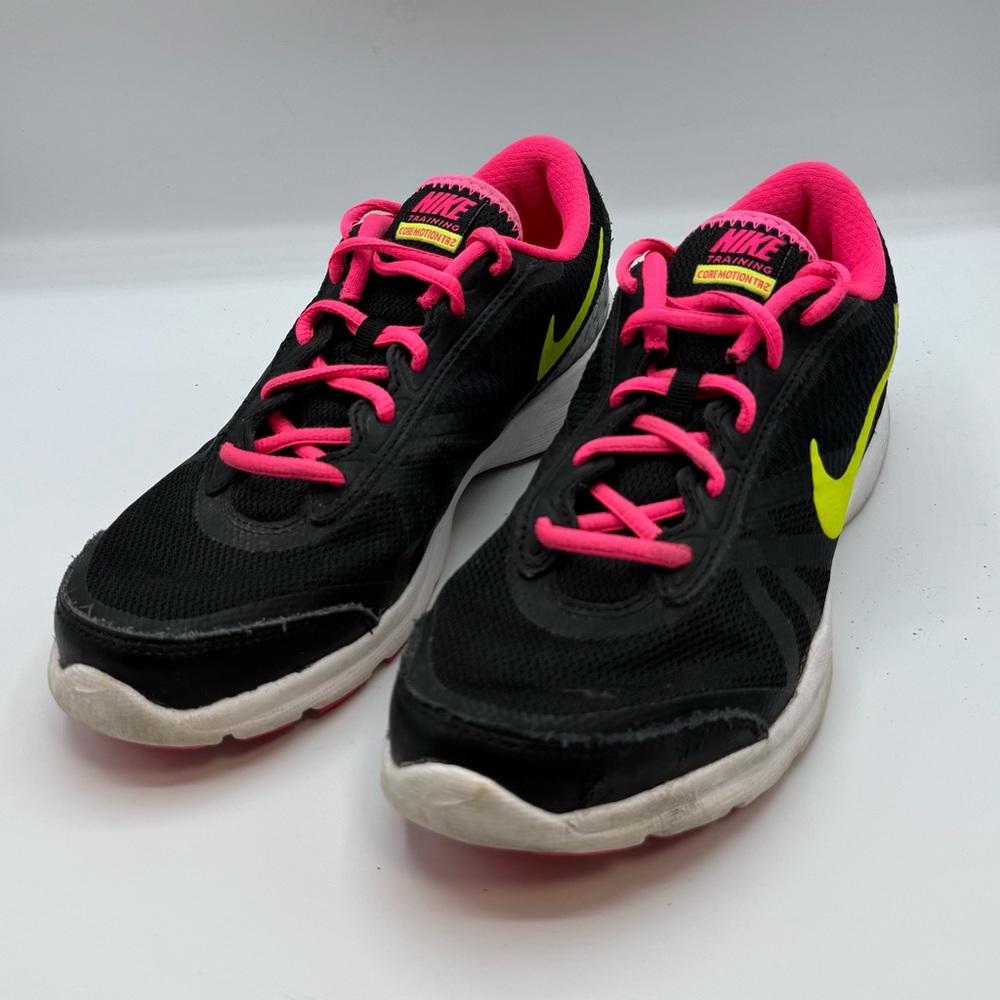 Nike Core Motion TR2 Black and Pink Running Shoes with Yellow Swoosh Womesn 8.5
